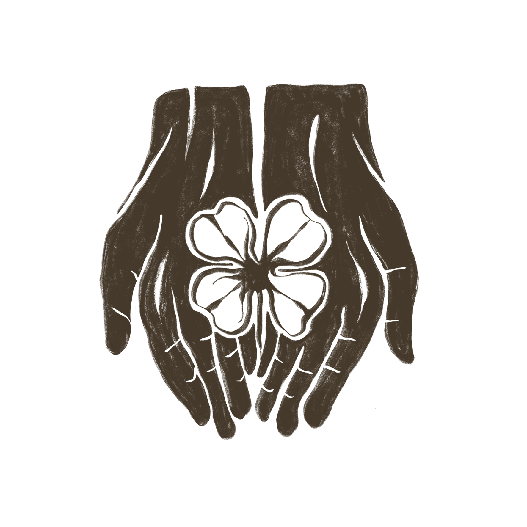 Alitus Pillar Nourishment: hand drawn, dark brown illustration of two hands gently holding a four-leaf clover against a transparent background.