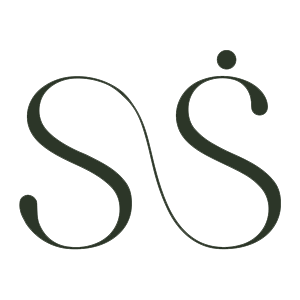 Stylized black cursive letter 'S' with a decorative accent.