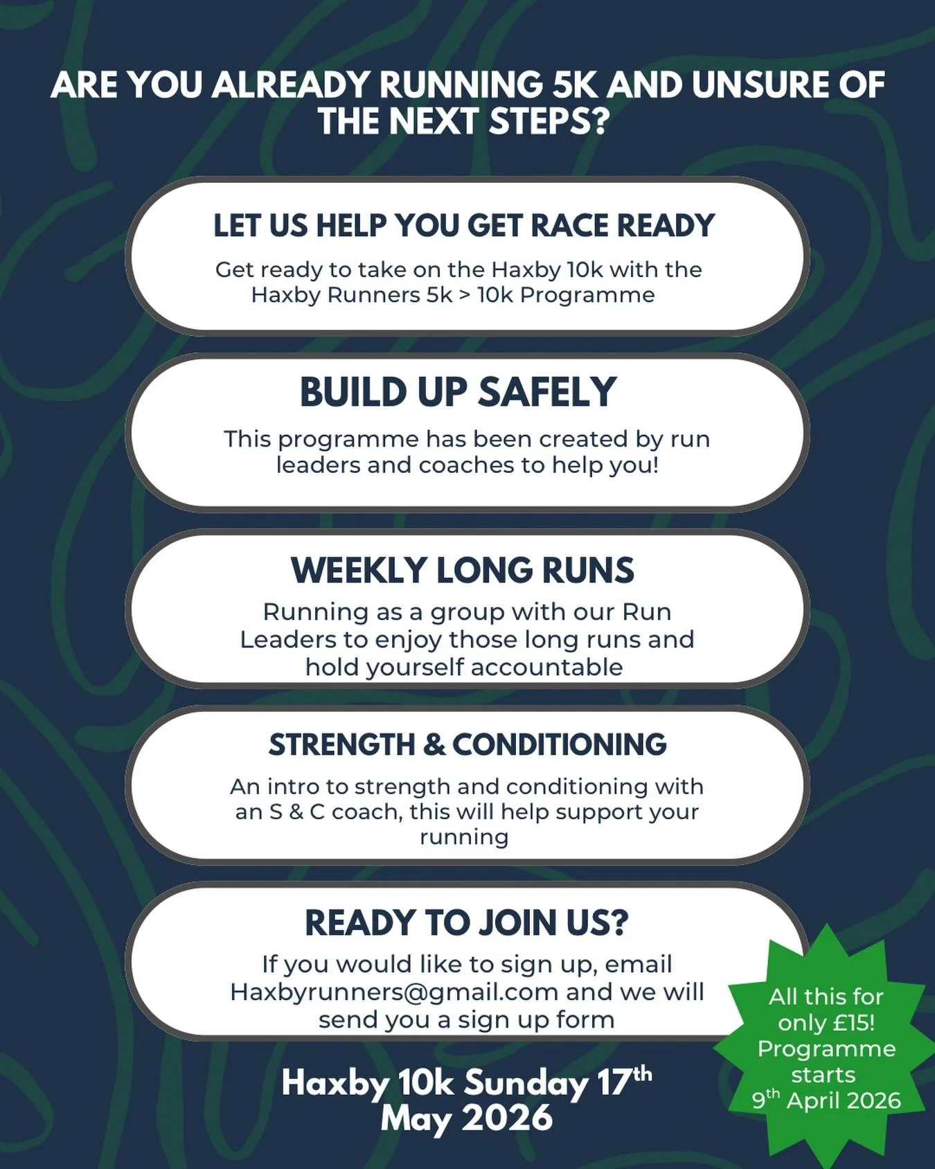 💚🖤5k to 10k Programme 🖤💚

We have some exciting news, we are launching a 5k ➡️ 10k programme, it&rsquo;s designed for anyone who&rsquo;s looking to run the Haxby 10k but needs that extra support to be race ready! 

If you are keen or know someone