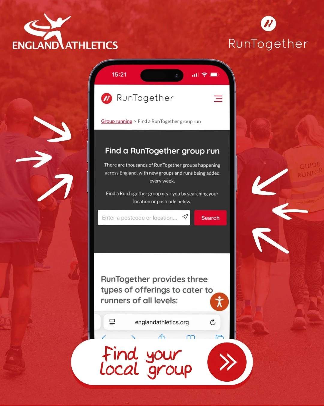 A smartphone displaying the RunTogether website on a red background. The website shows a search bar to find local running groups, with the headline 'Find a RunTogether group run' and a description about discovering running groups across England. The background features runners wearing athletic clothing, and white arrows point to the phone with the text 'Find your local group'.