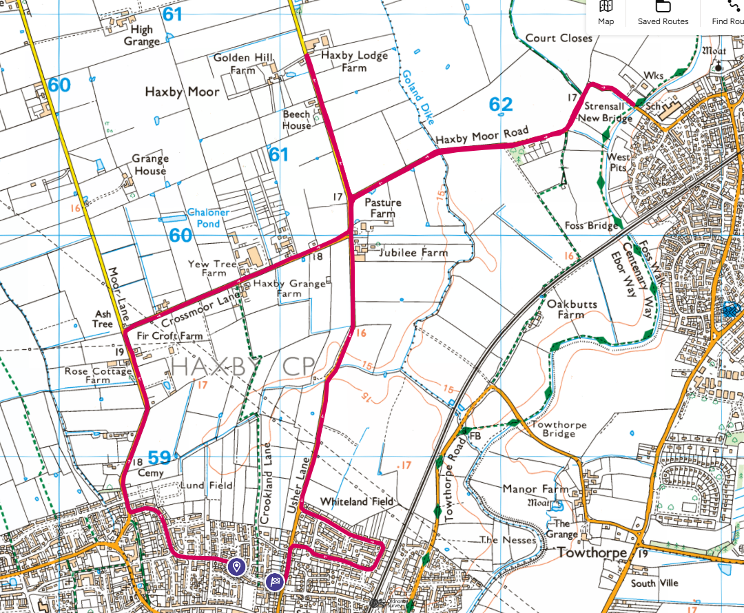 Map showing roads, farms, ponds, and points of interest around Haxby, including Haxby Moor, Jubilee Farm, Whiteland Field, and Towthorpe Bridge, with paths and routes marked.