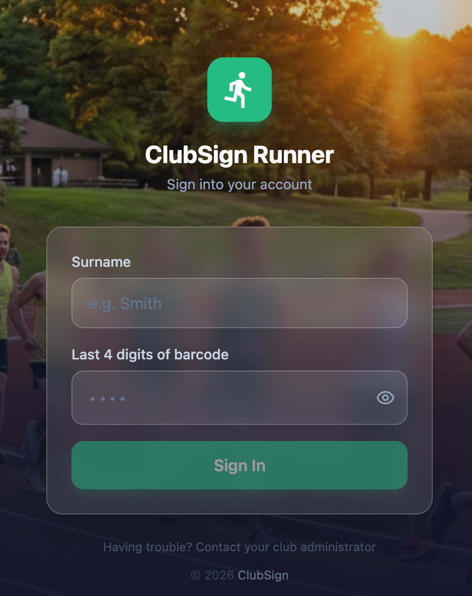 Sign-in screen for ClubSign Runner app with a background of people running in a park during sunset.