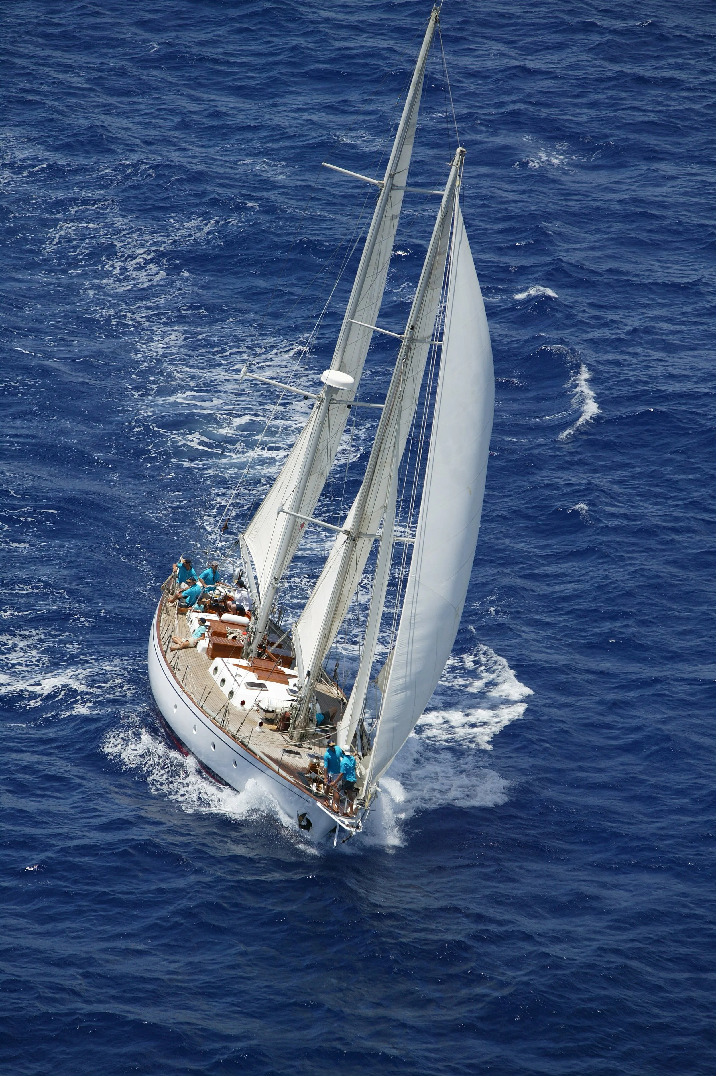 Spirit of Ostend, a 70-foot classic schooner sailing under full sail in the Atlantic.