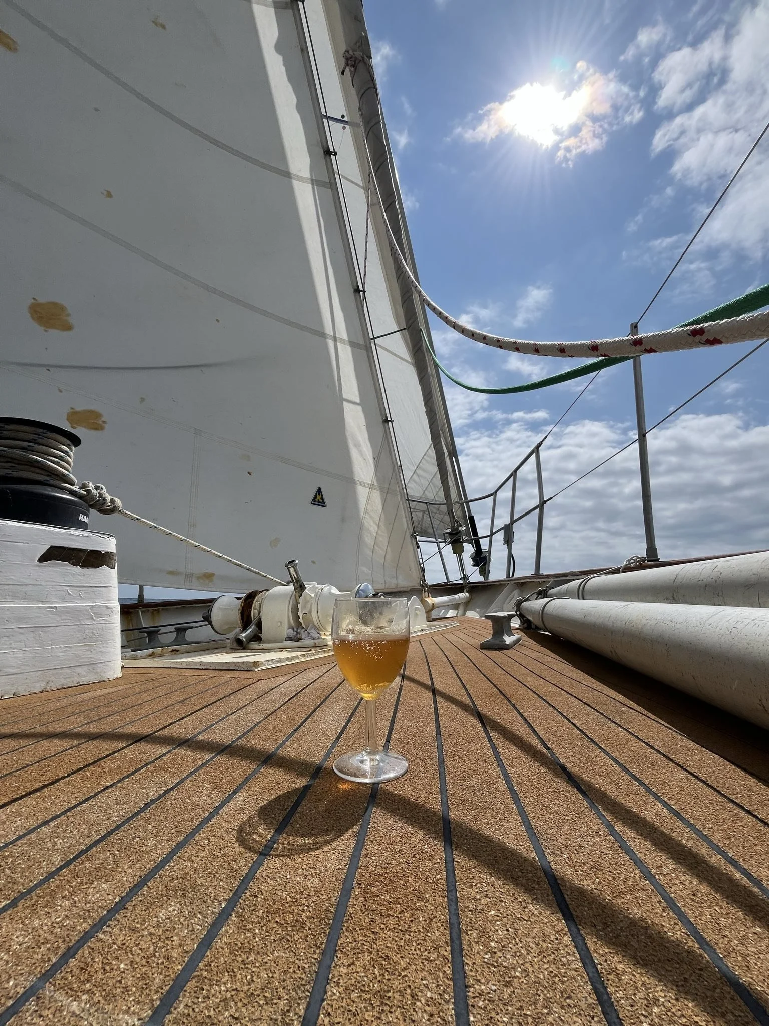 Deck of the classic schooner Spirit of Ostend while sailing along the Atlantic coast of Ireland.