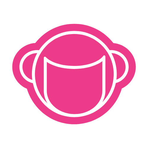 Outline of a pink monkey face with large ears on a black background.