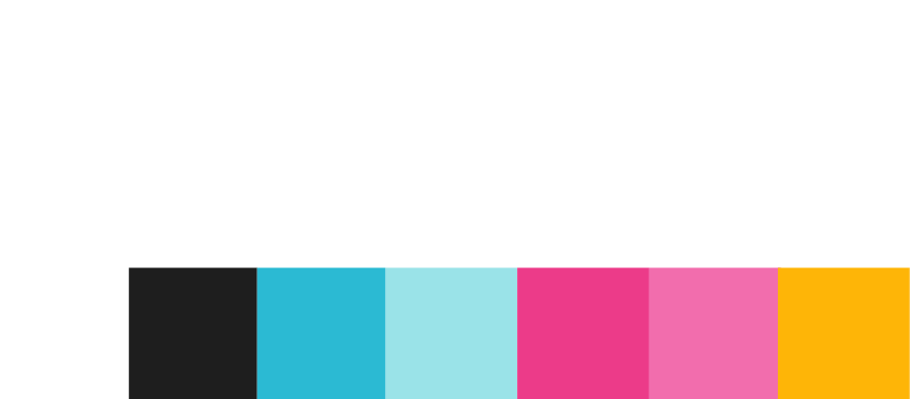 Color palette with black, light blue, pink, magenta, coral pink, yellow, and white swatches.
