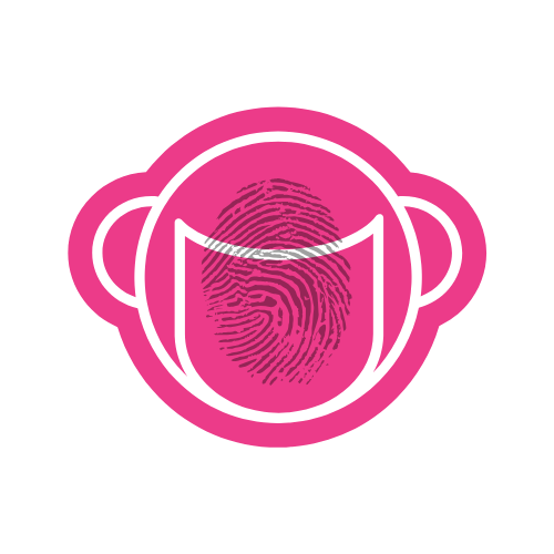 Stylized monkey face with a fingerprint pattern in the center of its face, pink outline and details on black background.