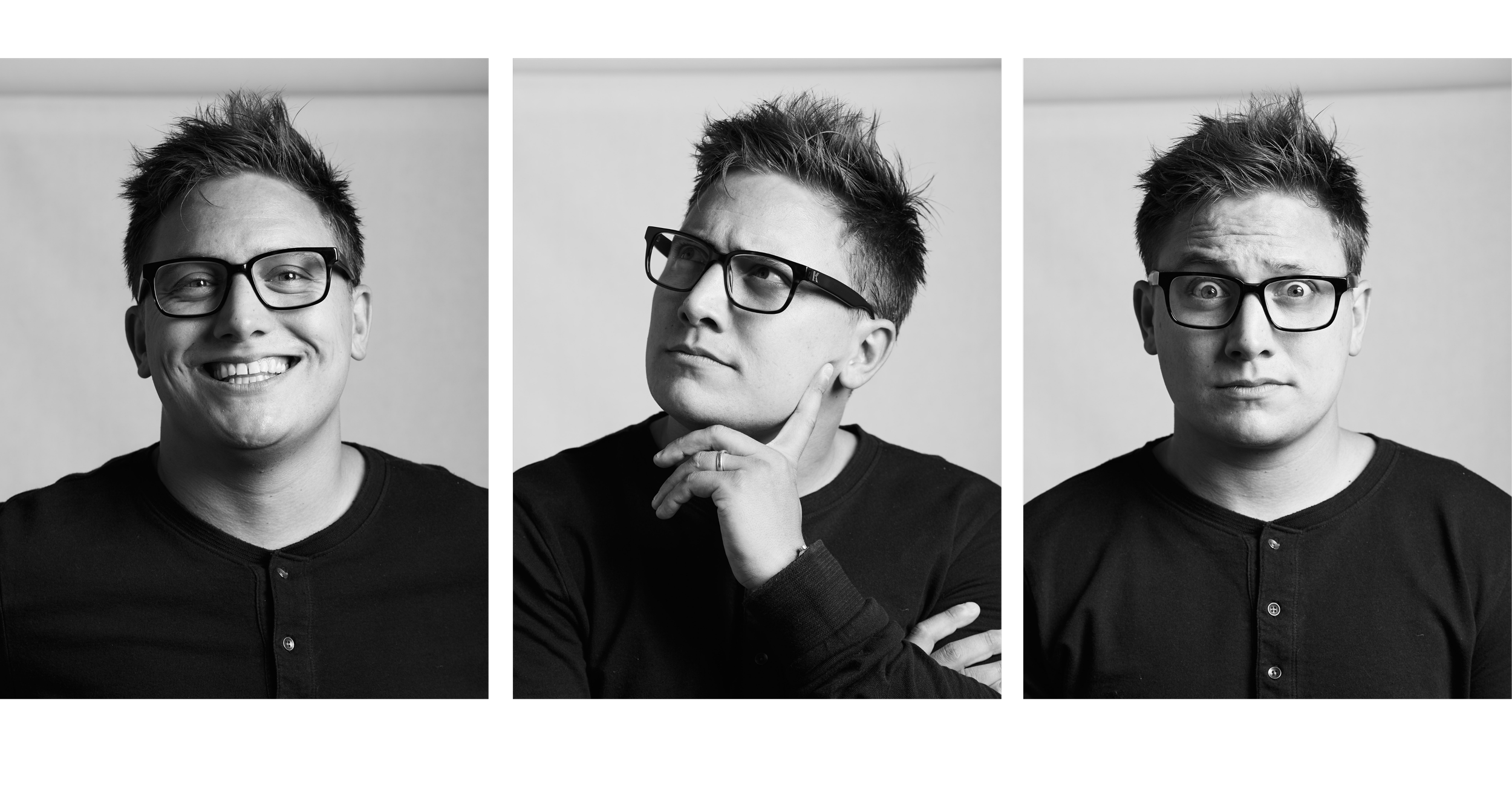 Black and white collage of three photos of a young man with glasses, different facial expressions and poses.