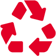 Recycling symbol with three red arrows forming a triangle.