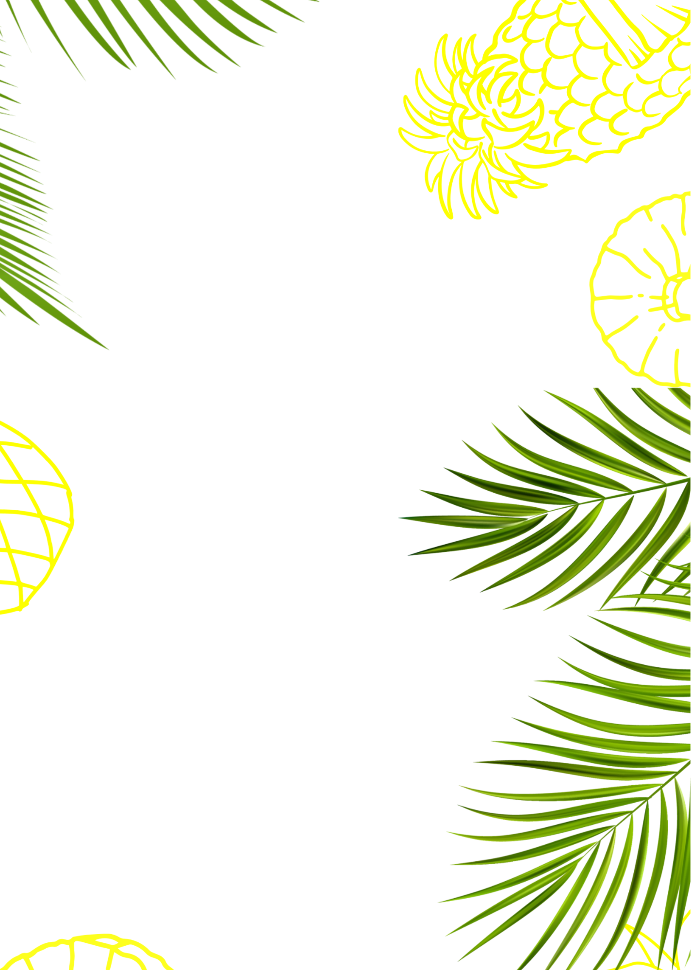 Tropical palm leaves and yellow flowers on a green background with space for text, summery and tropical theme.