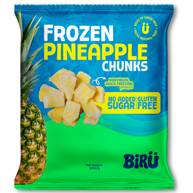 Bright blue and green packaging of frozen pineapple chunks with an image of a pineapple and frozen pineapple pieces, labeled as no added sugar and gluten free.
