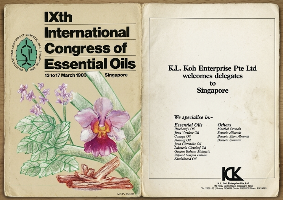 Open booklet with event details on the left page and welcoming message on the right page. Left page features a floral illustration with purple orchids and green leaves; event info includes 'IXth International Congress of Essential Oils, 13 to 17 March 1983, Singapore.' Right page has a welcome message from K.L. Koh Enterprise Pte Ltd to delegates in Singapore.