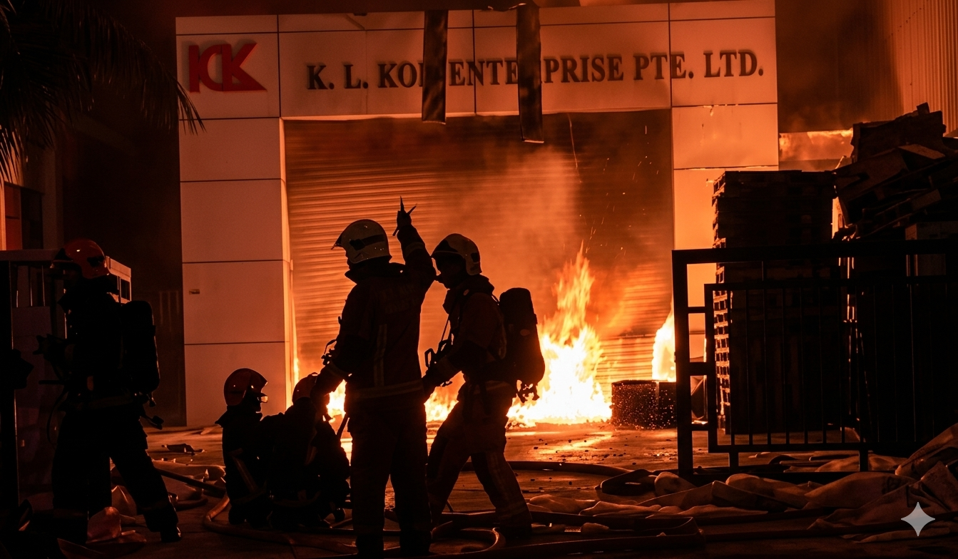 Firefighters in protective gear working near a large fire outside a building with a partially burned metal shutter and signage reading 'K. L. KONTENTE ENTERPRISE PTE. LTD.'