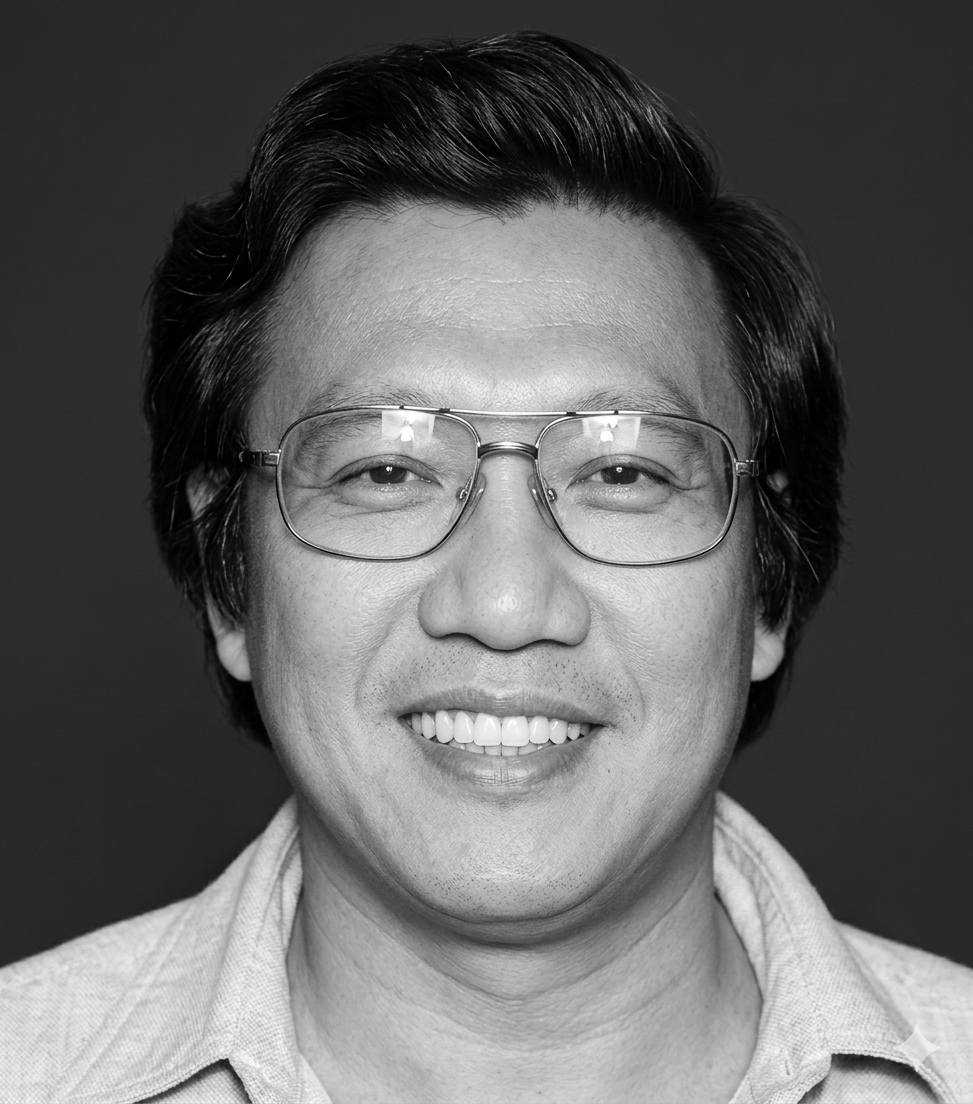 Black and white close-up portrait of a smiling man with glasses and dark hair, wearing a collared shirt.