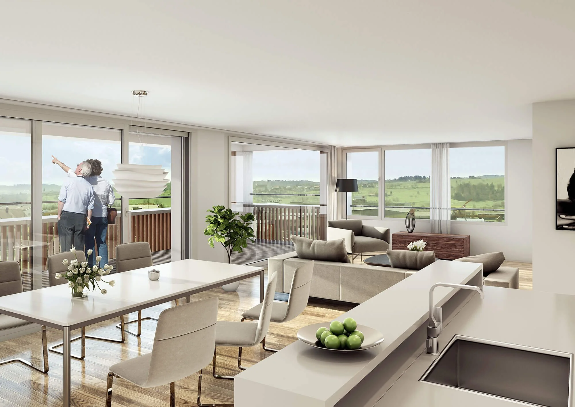 Innenansicht einer modernen, hellen Wohnung mit offener Küche, Essbereich und Wohnzimmer, große Fenster mit Blick ins Grüne, zwei Personen sprechen auf dem Balkon.