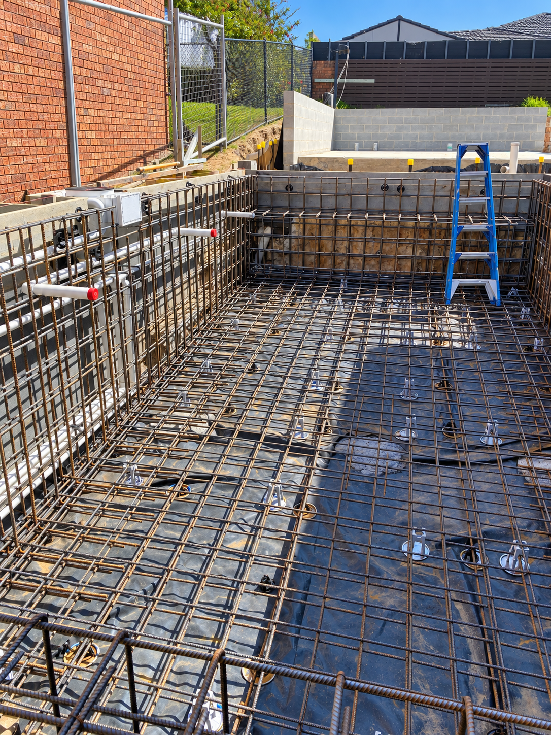 Construction site with steel rebar framework for a foundation, a small blue step ladder, and plumbing pipes, with a brick wall on the left and residential houses in the background.