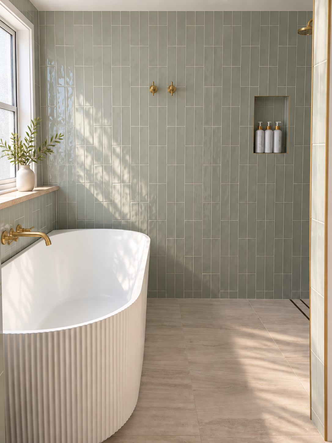 Modern bathroom with a white freestanding bathtub, green tiled walls, and a window with sunlight and shadows. Gold fixtures and a built-in shower niche with bottles. A potted plant on the windowsill.