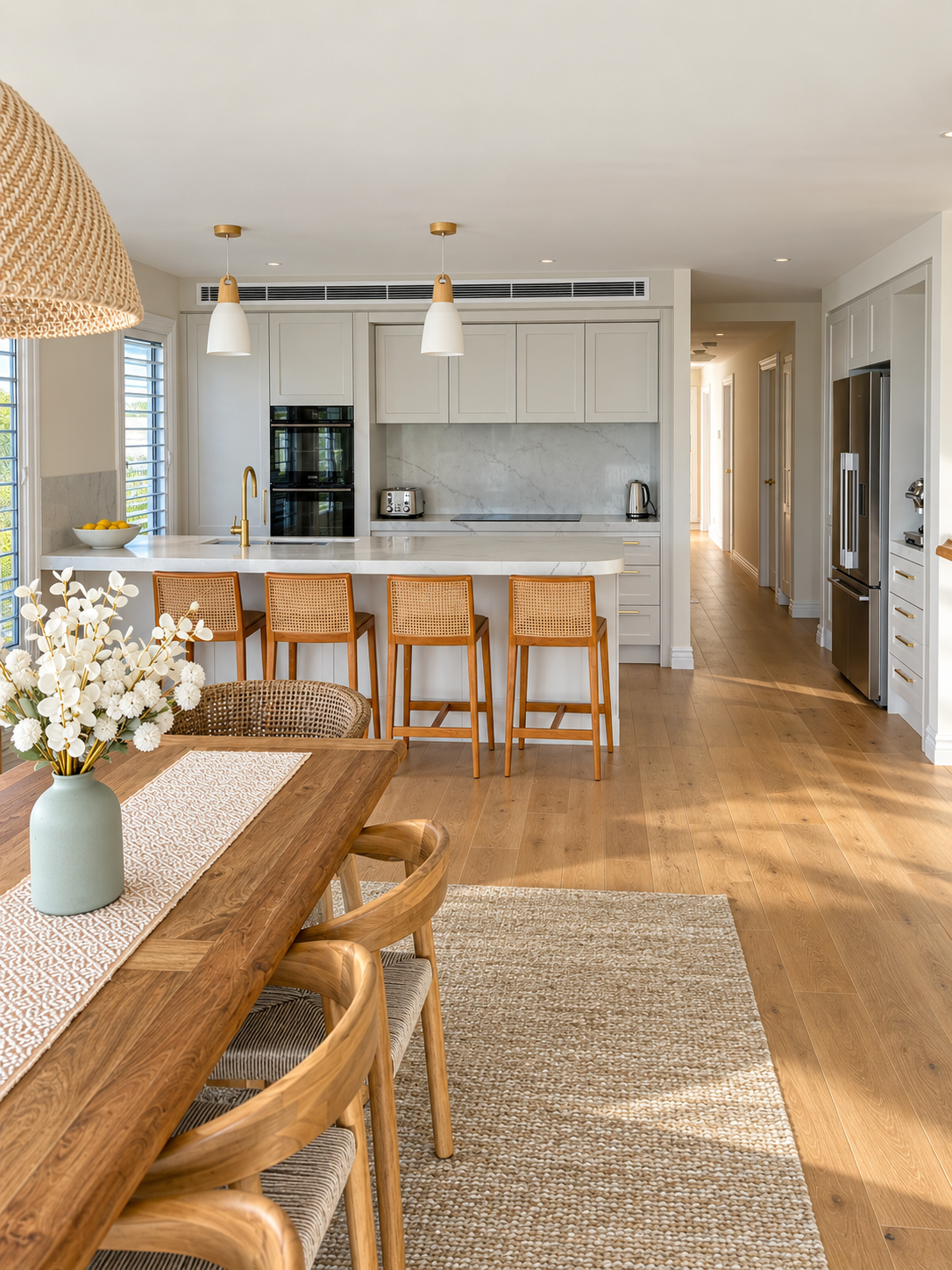 Modern kitchen with white cabinets, marble backsplash, and wooden flooring, featuring a kitchen island with four barstools, pendant lighting, and a dining table with a floral centerpiece.