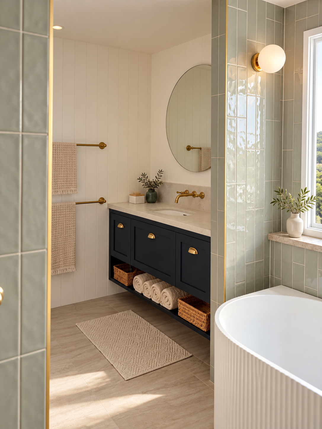 Bathroom with green and white tile walls, a large window, a round mirror, a navy blue vanity with gold handles, beige towels, woven baskets, a white tub, and potted plants.