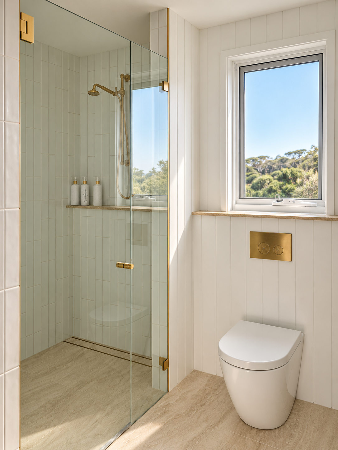 Modern bathroom with a glass-enclosed shower on the left, three bottles of toiletries on a shelf inside, a window with a scenic view, and a white wall-mounted toilet with a gold flush panel.