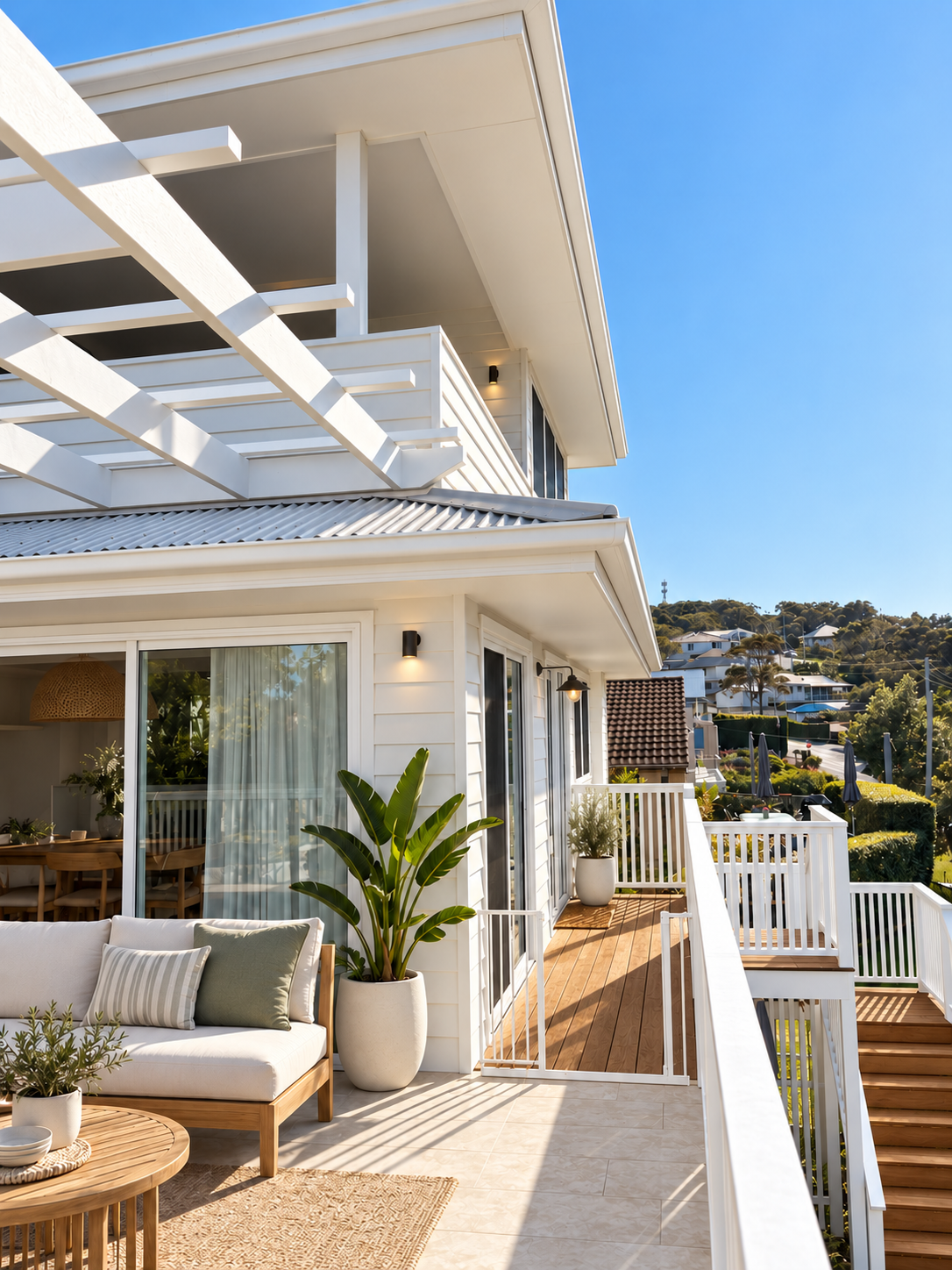Modern balcony of a white house with wooden flooring, outdoor furniture, and potted plants, overlooking a hillside neighborhood with trees under a clear blue sky.