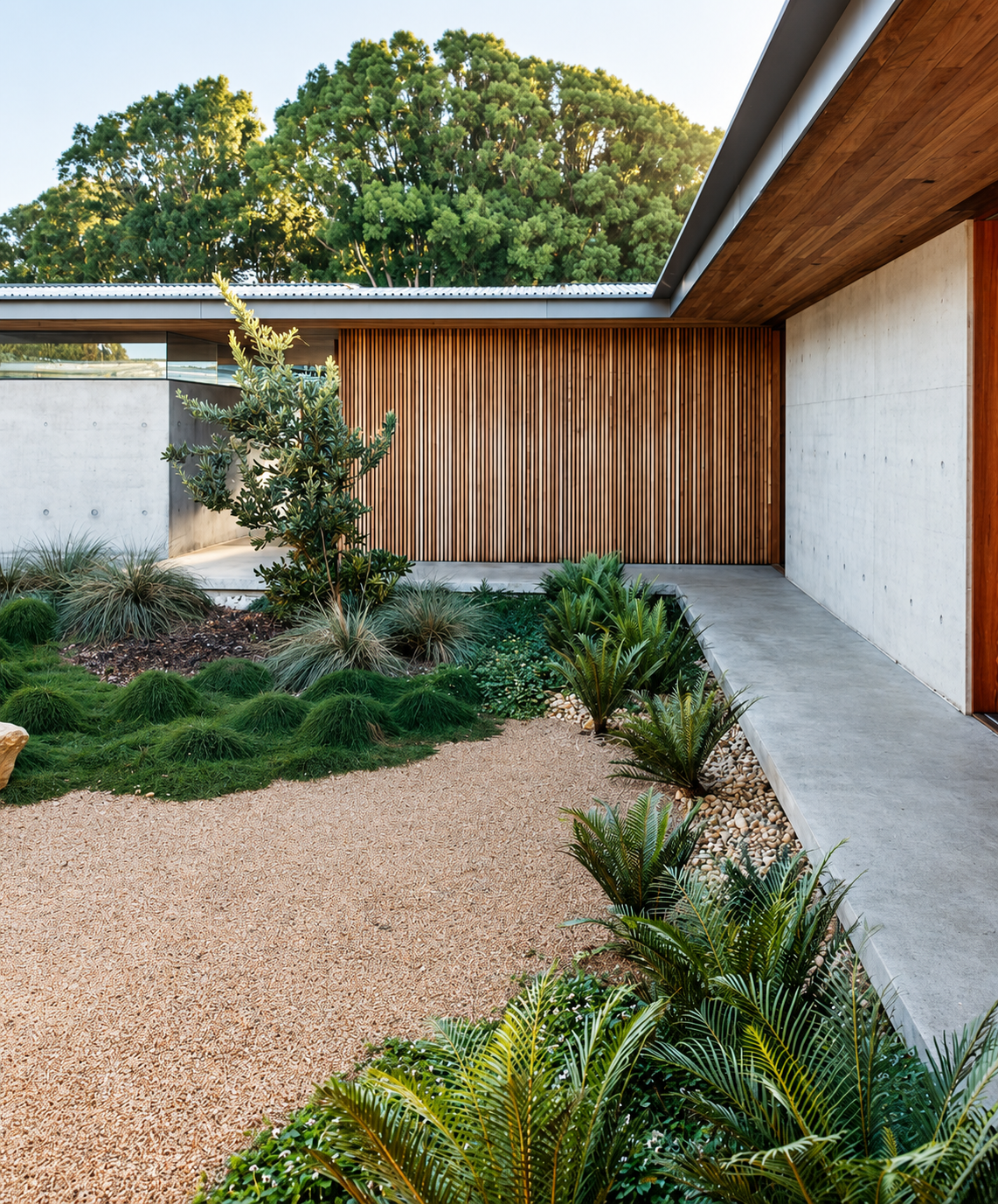 Modern house with concrete and wooden exterior, landscaped garden with various green plants, and a large tree in the background.