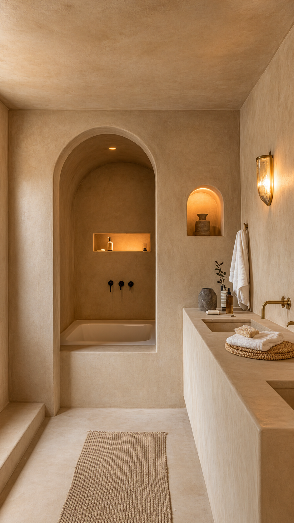 A minimalist, warm-toned bathroom with a built-in bathtub and a vanity with a sink. Decorative elements include a small potted plant, a gray vase, towels, and warm lighting fixtures.