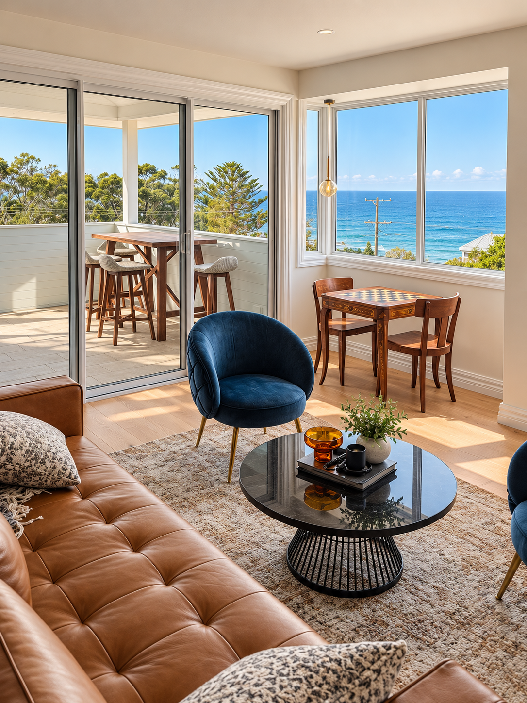 Living room with tan leather sofa, round black coffee table, blue accent chairs, and a view of the ocean through large windows and a sliding glass door leading to a balcony with high outdoor chairs and a table.