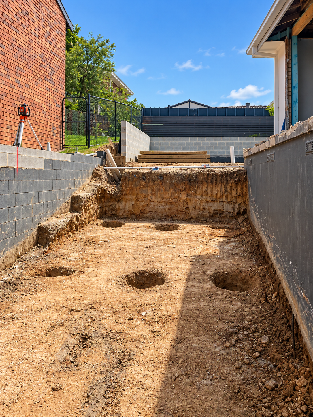 Construction site with an excavated area, wooden stairs, and a cinder block wall, with neighboring houses and a blue sky in the background.