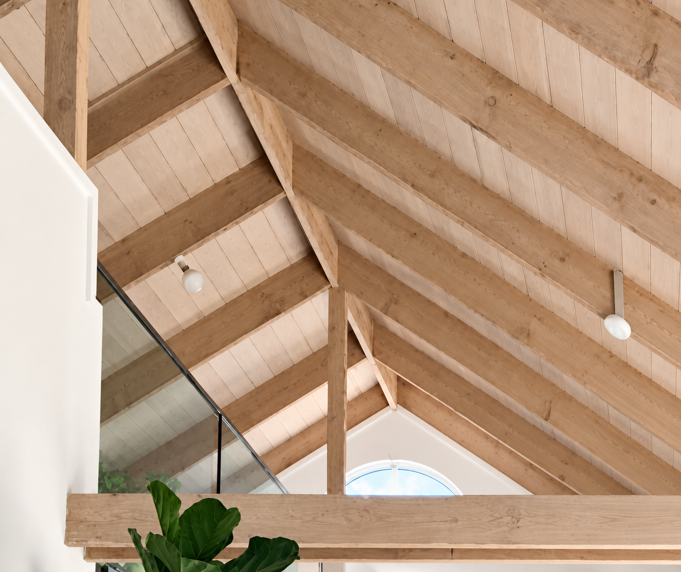 Interior view of a ceiling with exposed wooden beams and paneling, featuring two hanging light fixtures, a partially visible green plant in the foreground, and a large arched window letting in natural light.
