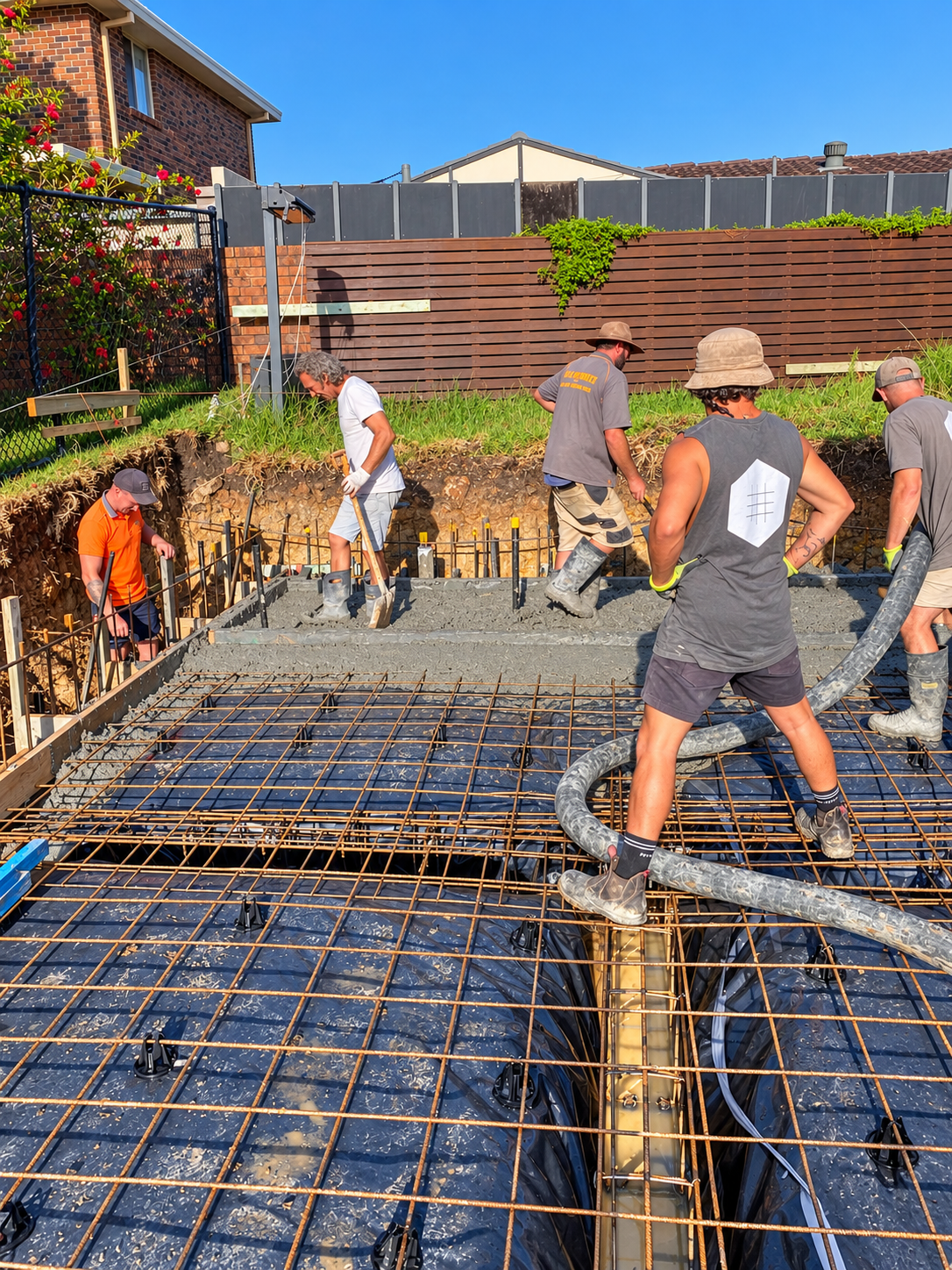 Construction workers pouring concrete into a foundation with rebar reinforcement at a residential building site on a sunny day.