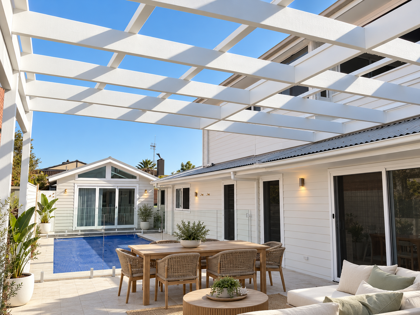 Outdoor patio with a white pergola, a swimming pool, a wooden dining table with chairs, potted plants, and a white house with sliding glass doors.