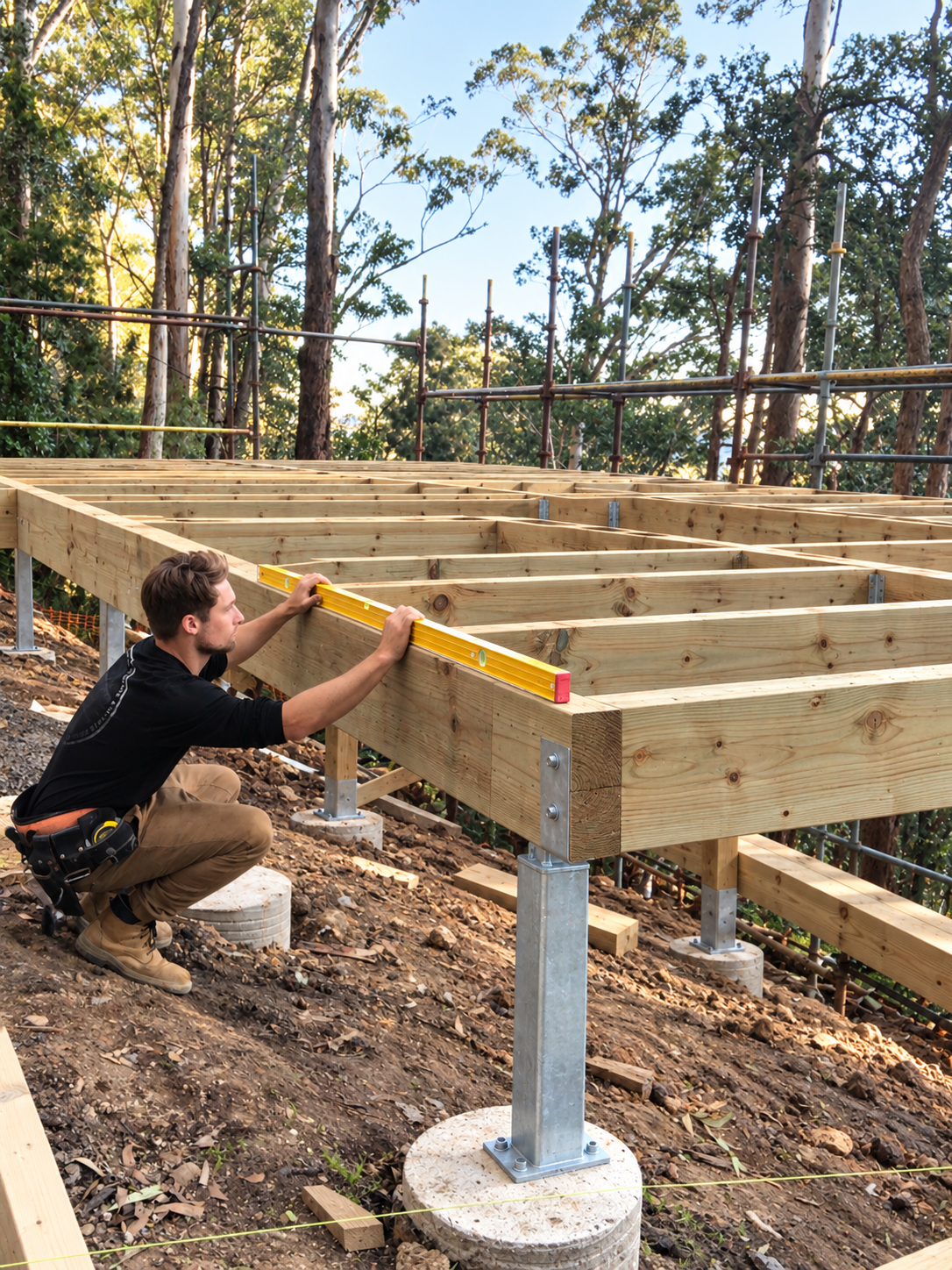 Man installing the wooden framework of a building on a hillside with trees in the background.
