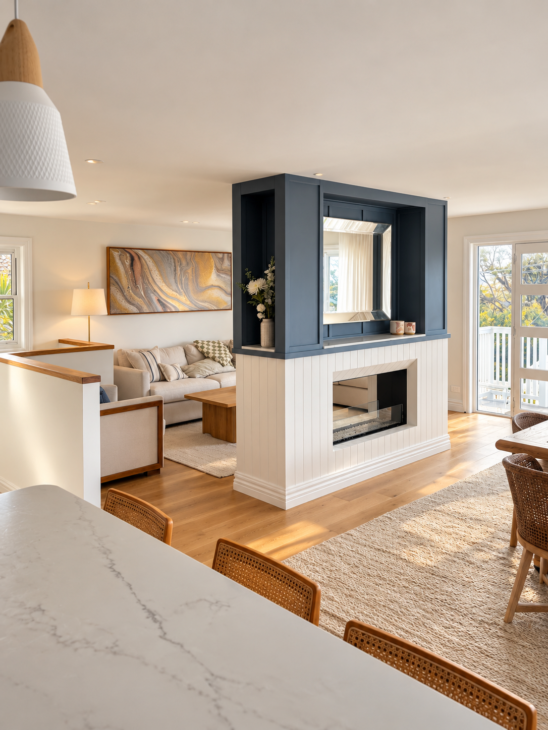 Open-concept living room with a white sofa, abstract wall art, wooden furniture, a fireplace, large windows, and a balcony door with natural light.