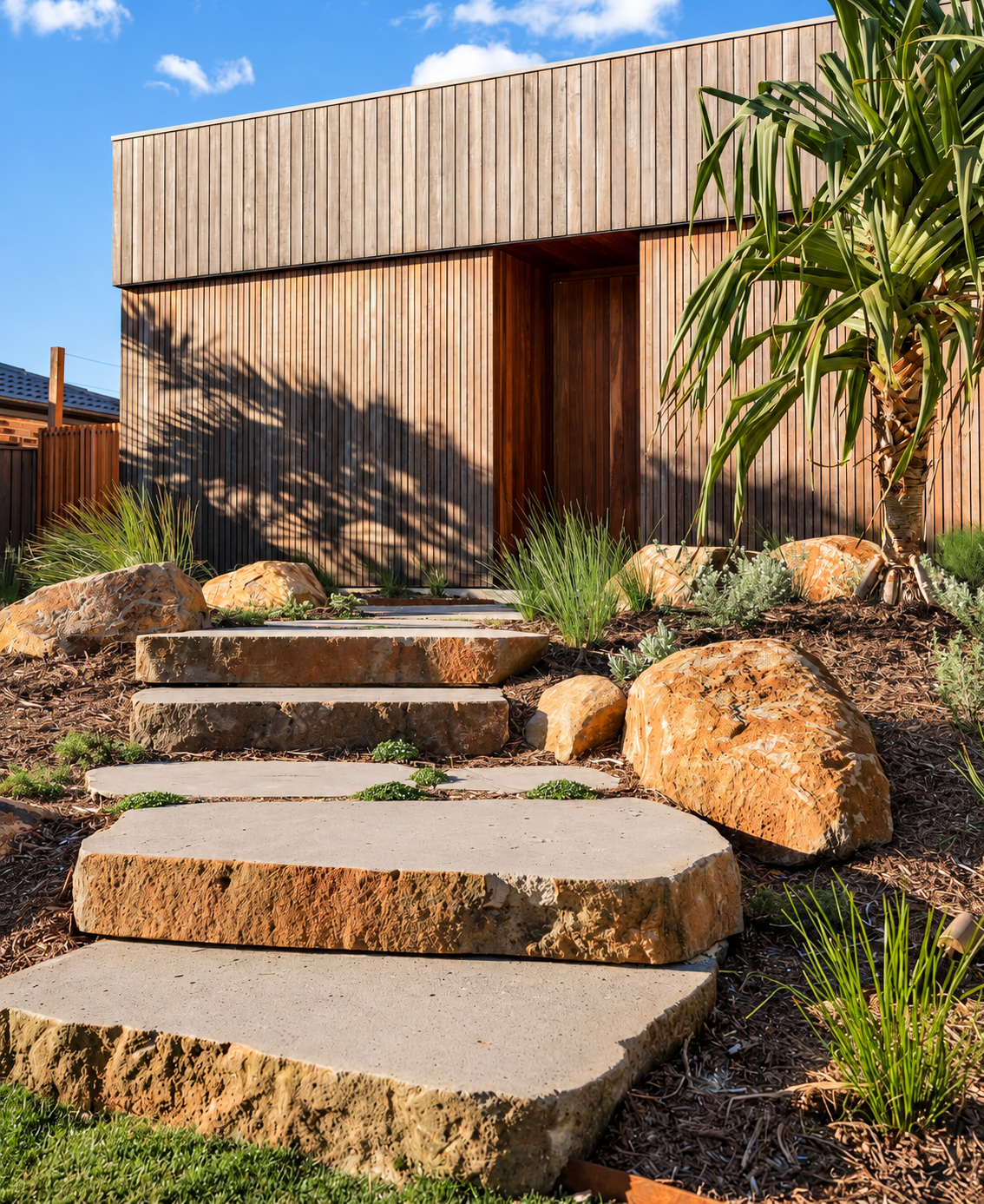 Modern wooden house with a landscaped front yard featuring large rocks, plants, and a stone pathway leading to the entrance under a blue sky.