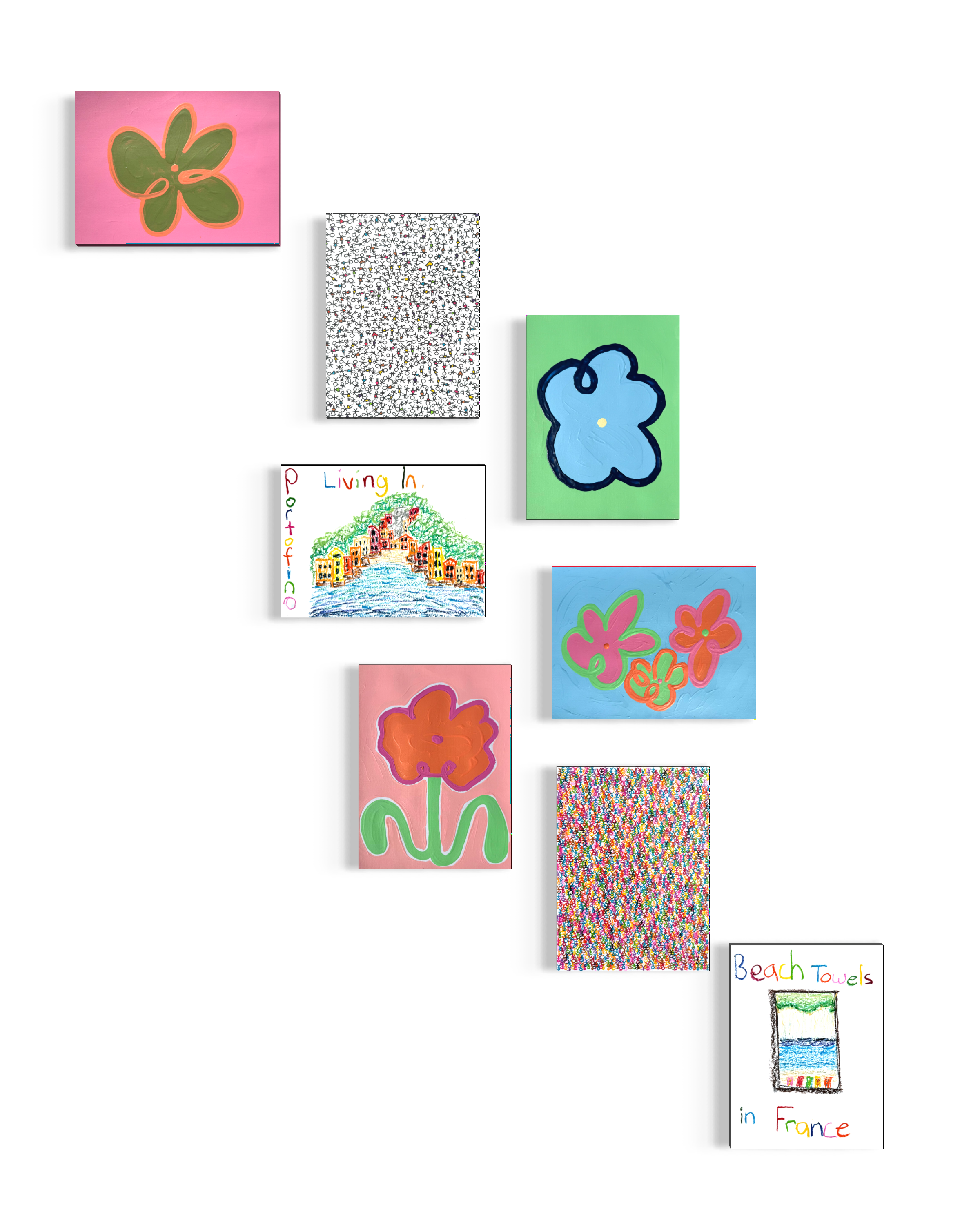Collection of children's drawings and paintings, including colorful flower art, pattern-filled rectangles, a scenic landscape drawing with colorful buildings along a river, and a beach scene. The artwork is playful and vibrant, titled "Beach Towels in France."