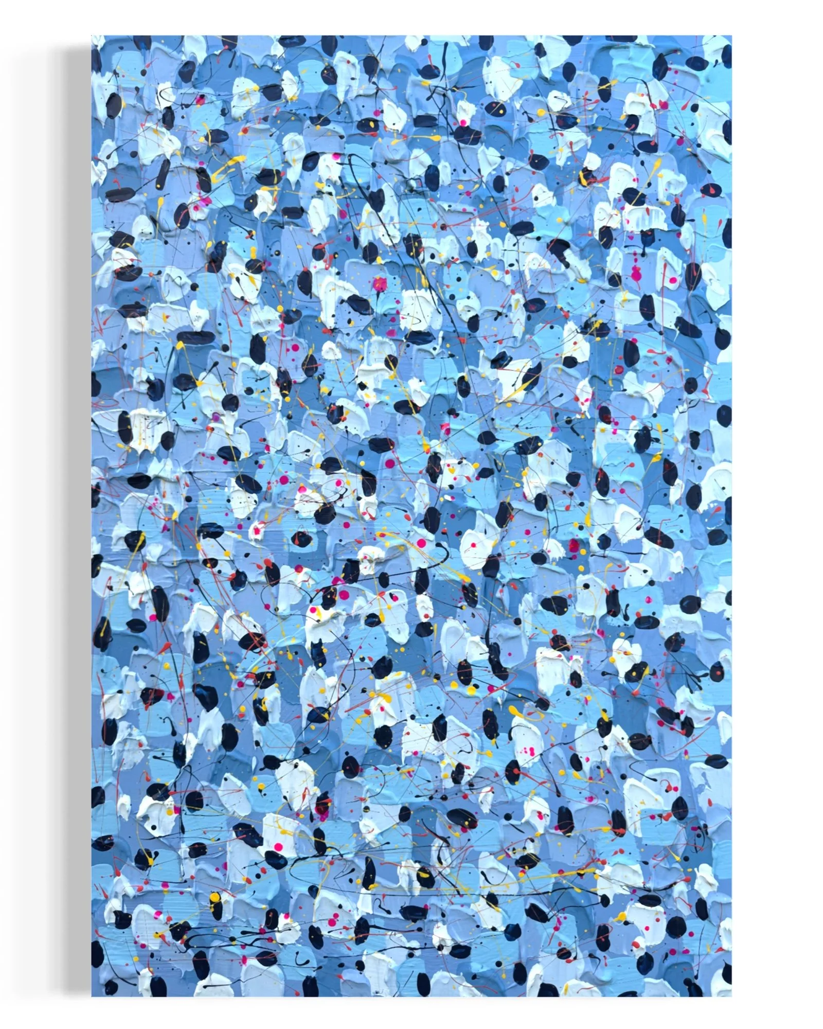 Abstract painting featuring a blue background with splashes of white, black, yellow, pink, and red paint and fine lines in black, red, and yellow.