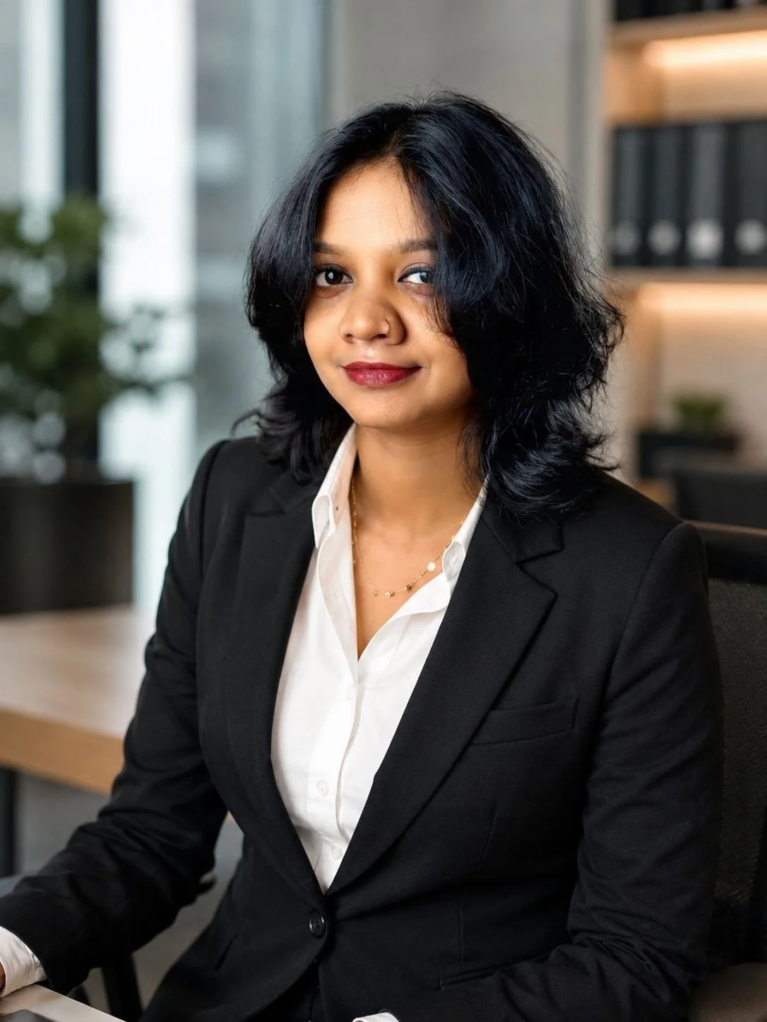 A professional woman with shoulder-length black hair, wearing a black blazer and white blouse, sitting in an office environment with shelves and plants in the background.