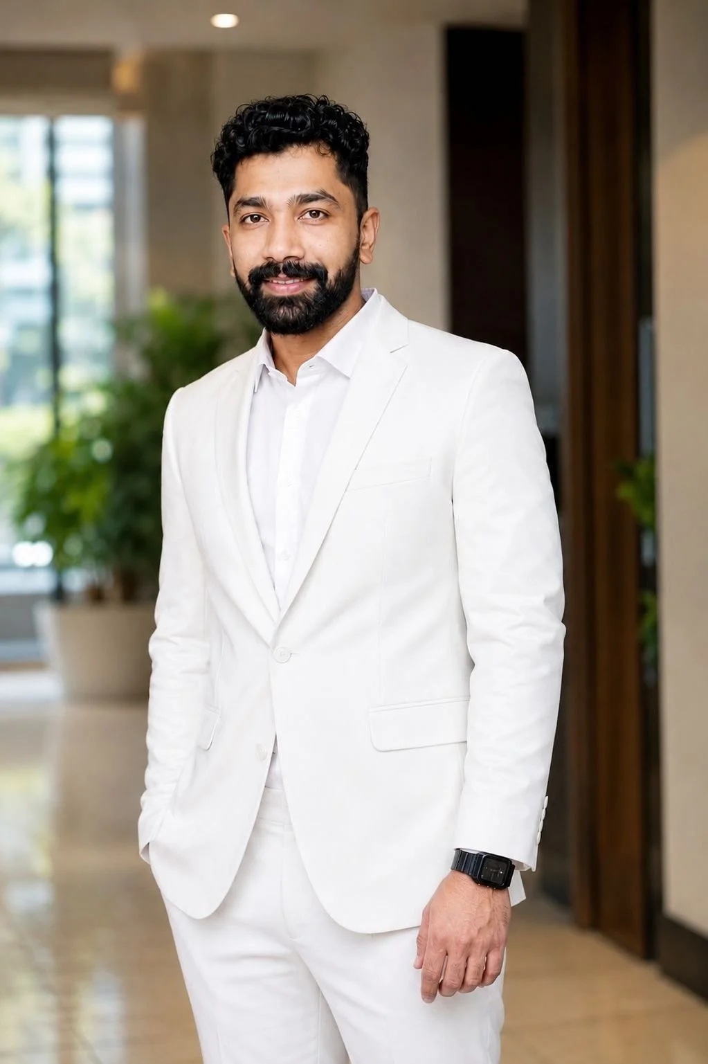 A man with dark curly hair and a beard, dressed in a white suit and shirt, standing in a modern indoor space with large windows and green plants in the background.