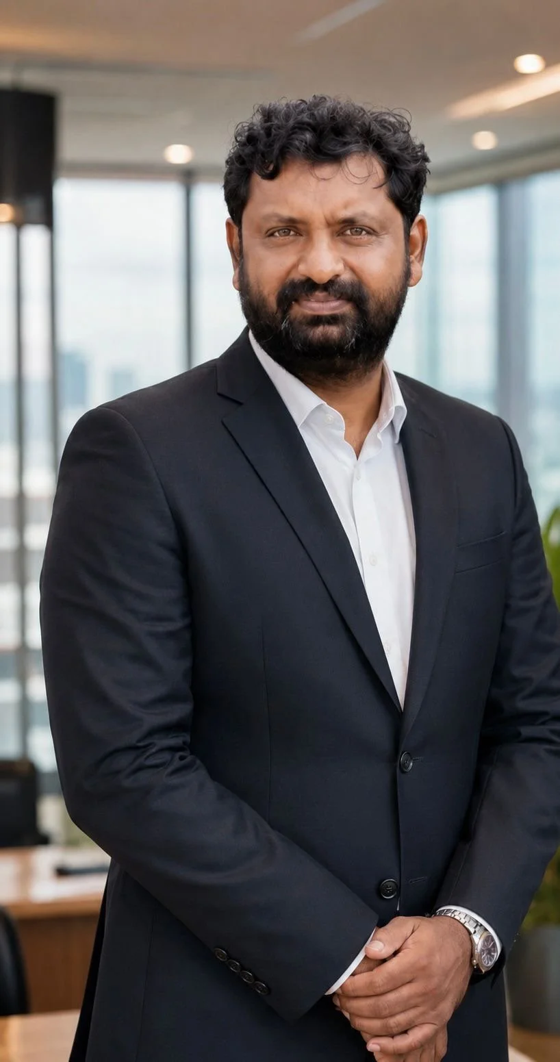 A professional man with dark, curly hair and a beard wearing a black suit and white shirt, standing in a modern office with large windows.