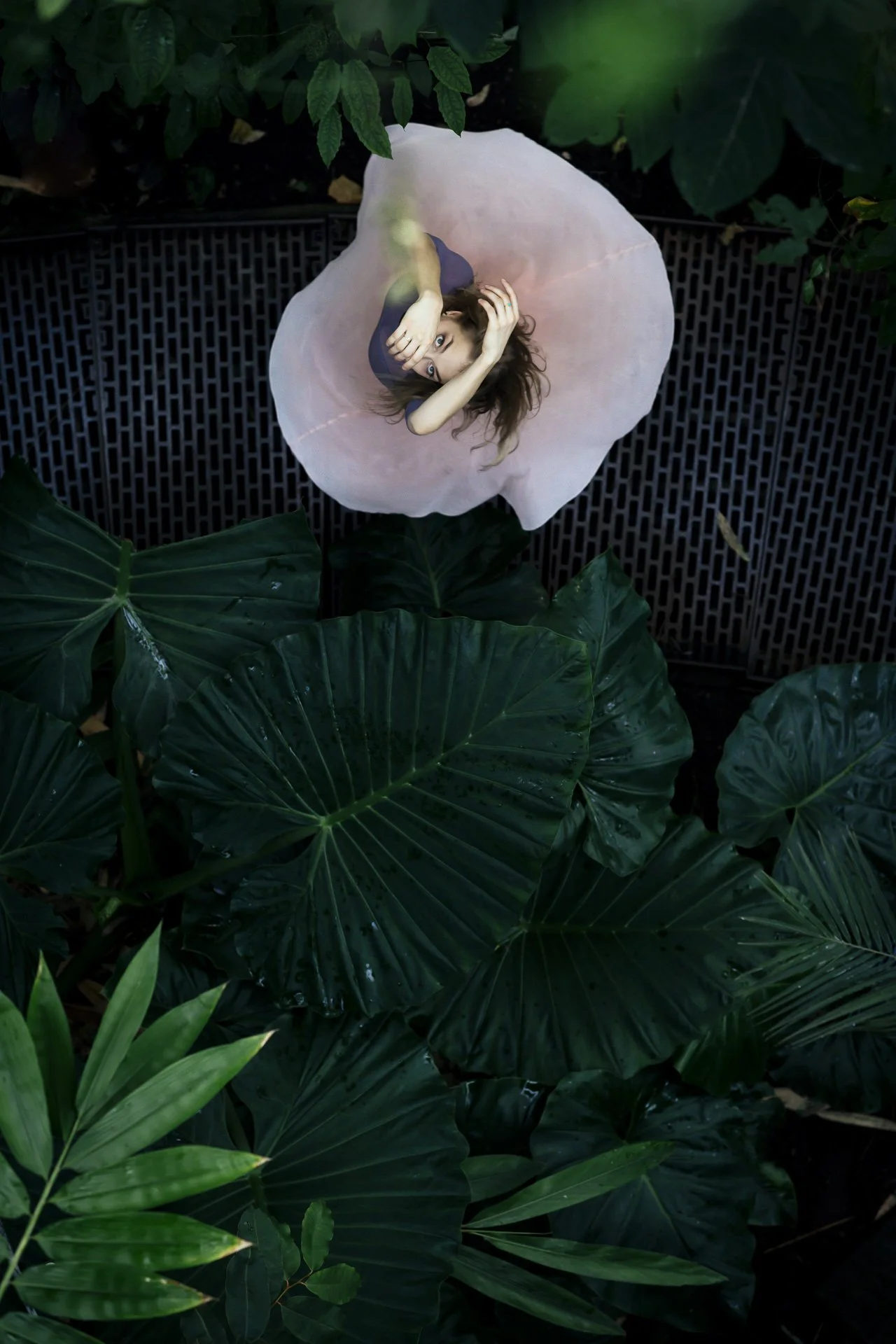 Frau liegt auf einem großen, hellrosa Blütenblatt, umgeben von dunklen grünem Laub und Pflanzen, blickt direkt in die Kamera.