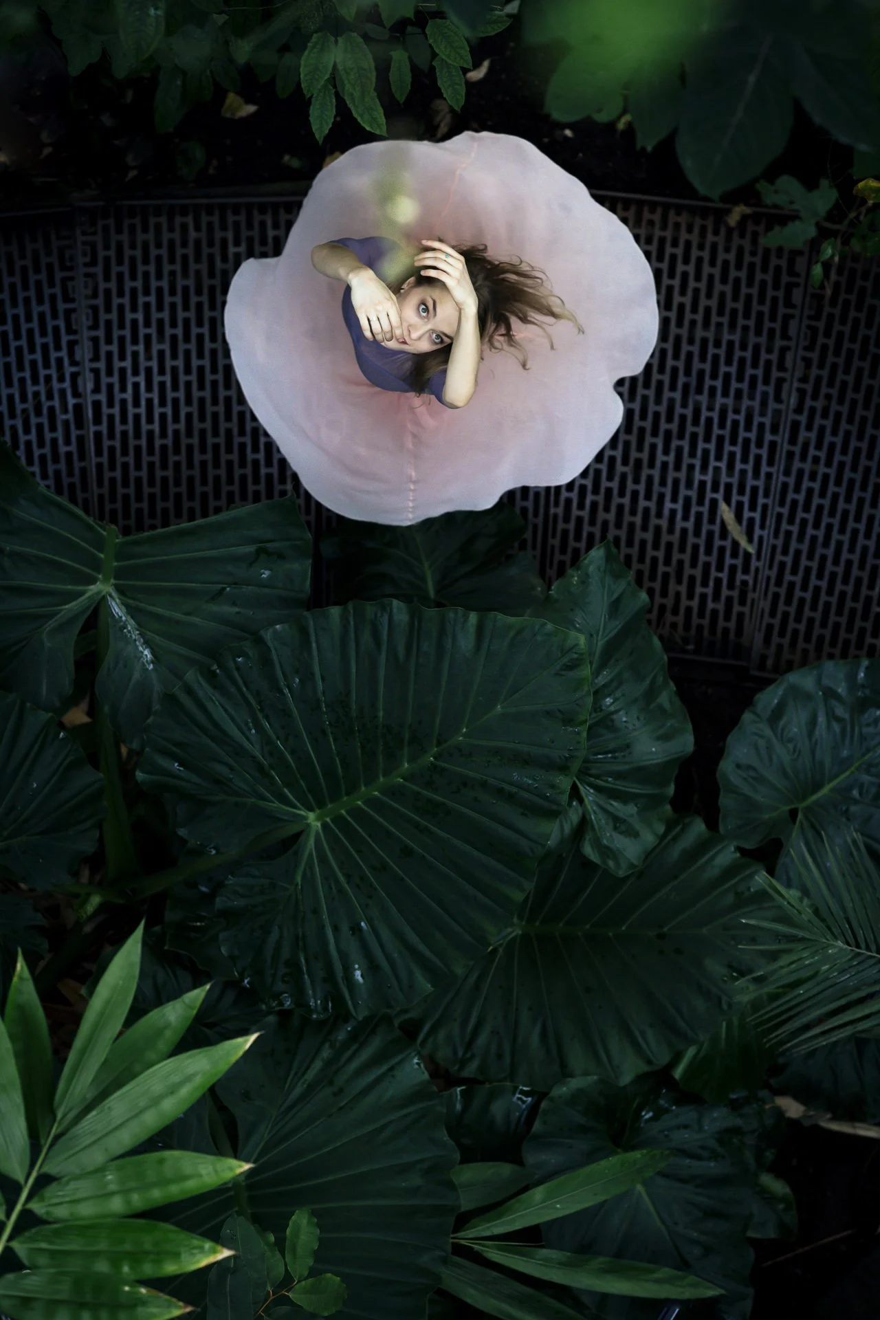 Frau liegt auf einer großen weißen Blüte inmitten grüner Blätter im Dschungel.