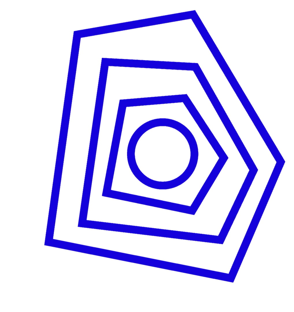 Neon blue geometric pattern of concentric squares and a circle on a black background