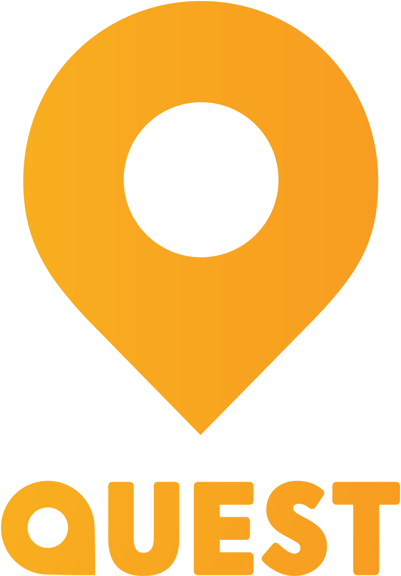 Orange map marker icon with the word "QUEST" underneath, used as a logo or location marker.