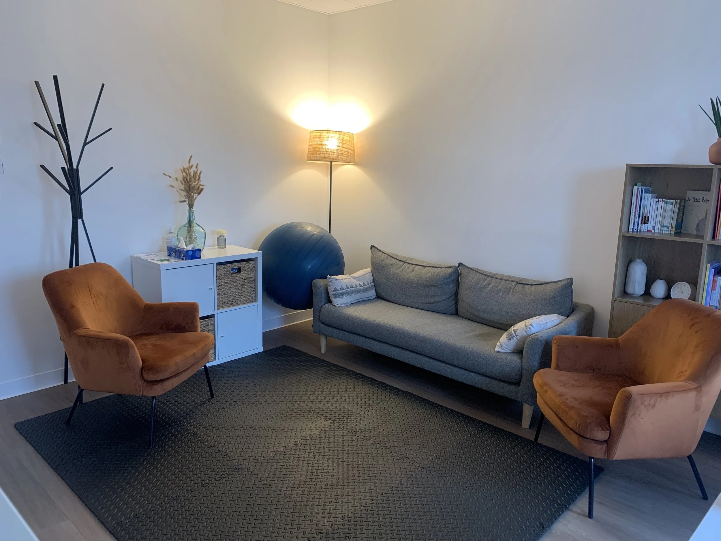 Salon avec deux fauteuils en velours orange, un canapé gris avec des coussins, une lampe en bois, une étagère avec des livres et des objets décoratifs, un tapis noir sous le mobilier, et des murs blancs avec une décoration minimaliste.