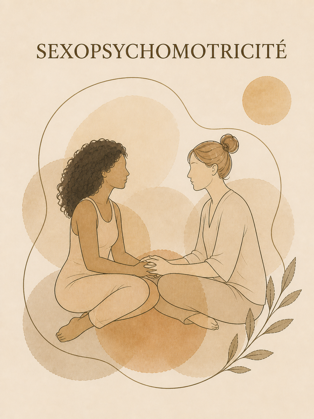 Couple assise face à face, se tenant les mains, illustration en style minimaliste avec des tons neutres, arrière-plan abstrait et branche végétale.