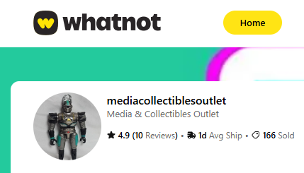 Screenshot of a website showing a media and collectibles outlet with a yellow 'Home' button, a logo, and a profile with an astronaut figure, ratings, and sales information.