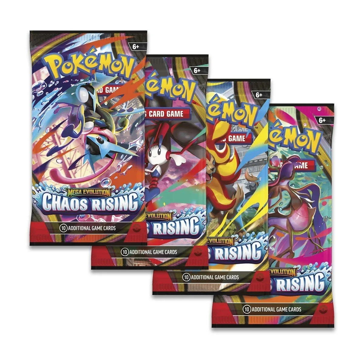 Four Pokémon trading card game booster packs featuring Mega Evolution Chaos Rising with colorful, dynamic anime-style Pokémon characters on the packaging.