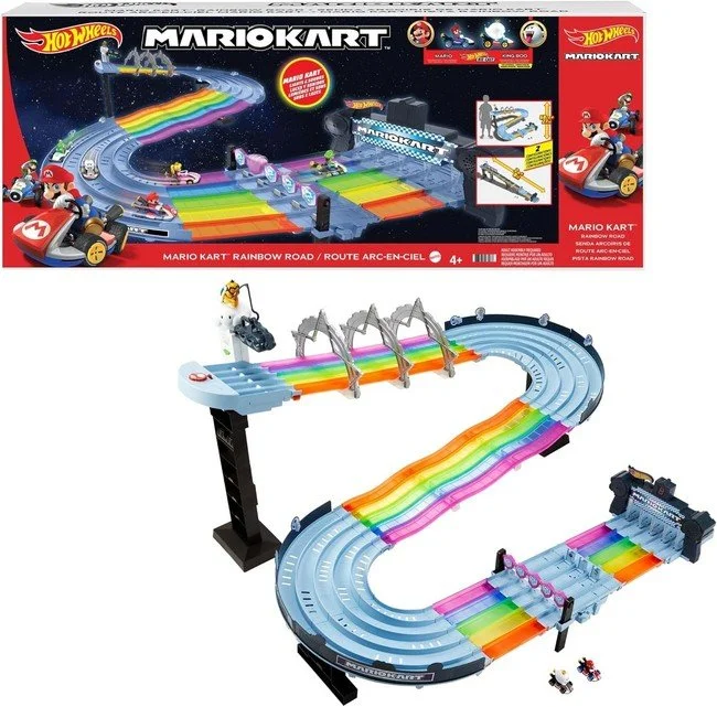 Hot Wheels Nintendo Mario Kart Rainbow Road Raceway Track Set 30 Piece with 2 1:64 Scale Vehicles