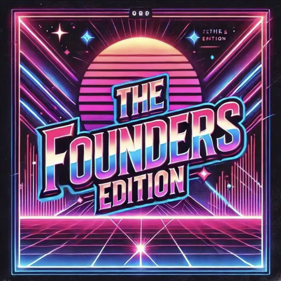 Bright neon digital art featuring a sunset scene with a large sun, horizontal lines, and grid patterns. Text reads 'The Founders Edition' in a vibrant, stylized font, set against a futuristic, retro-inspired background with stars and streaks of colorful light.